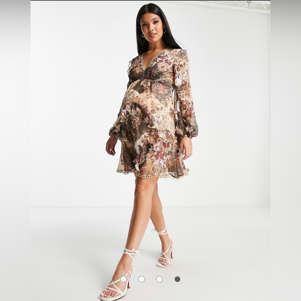 ASOS Maternity - Long Sleeve Mini Dress - Patchwork Floral Print - Size: 8
